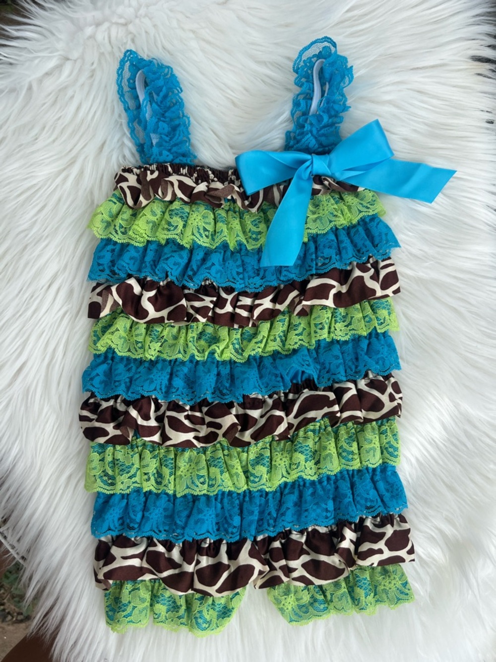 Ruffled Lace Romper with Blue Bow - Teal, Lime & Brown